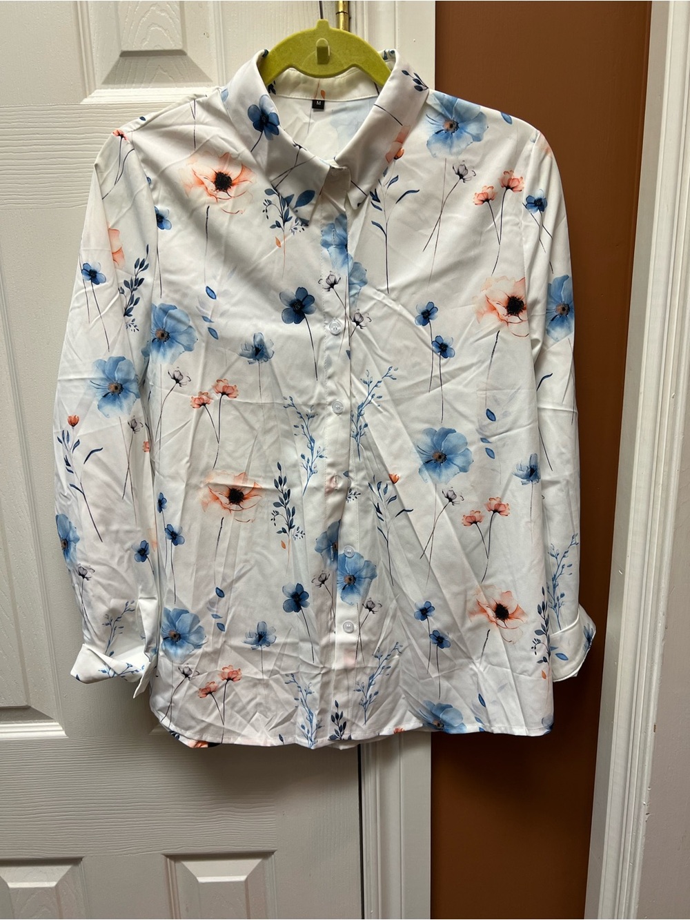 White Floral Button-Up Shirt with Blue & Coral Flowers